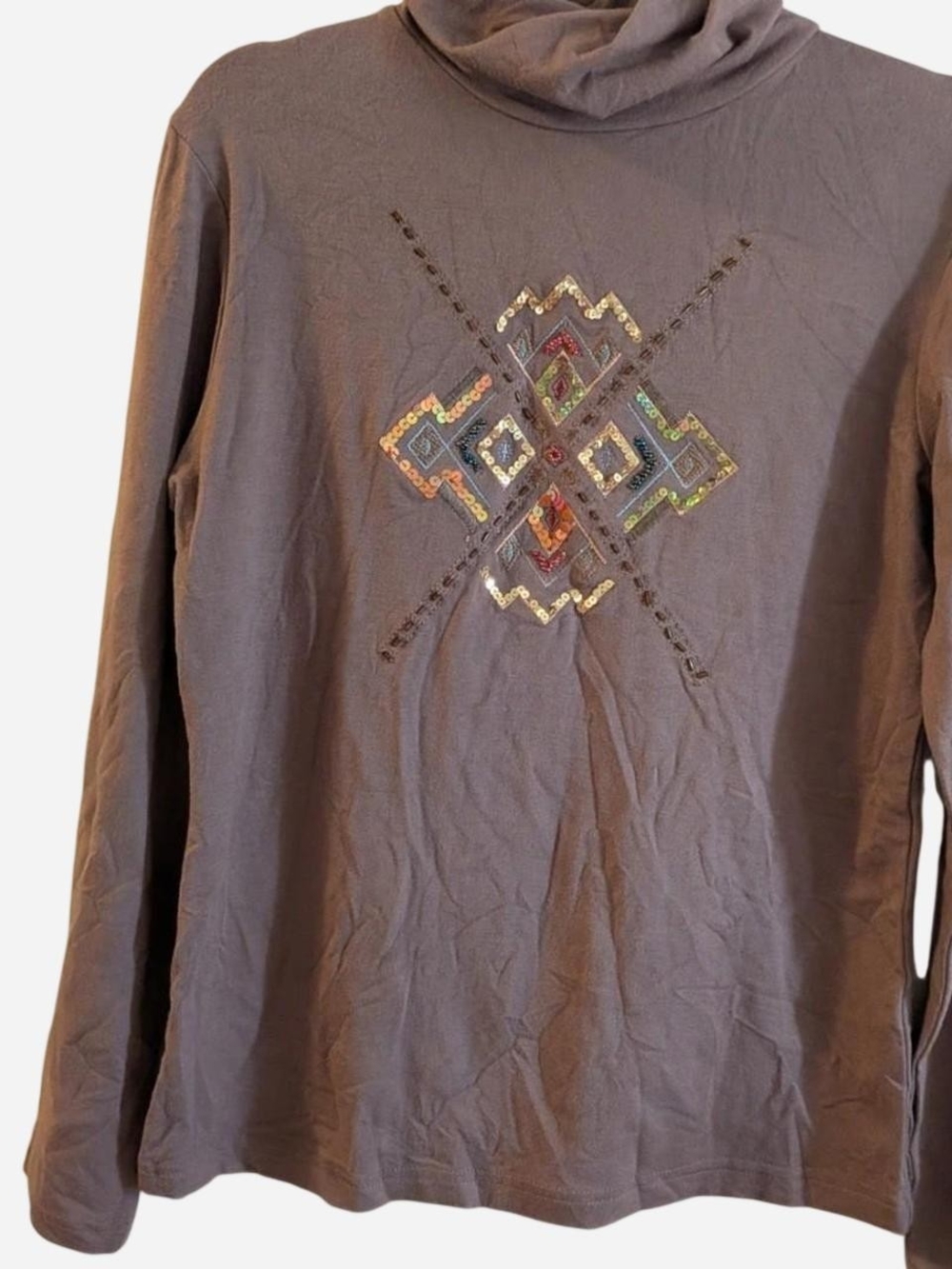 Long-Sleeve Brown Embellished Cowl Neck Tee